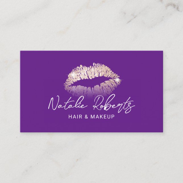 Rose Gold Lips Makeup Artist Purple Beauty Salon Business Card (Front)