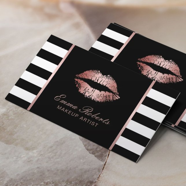 Rose Gold Lips Modern Stripes Makeup Artist Salon Business Card (Creator Uploaded)