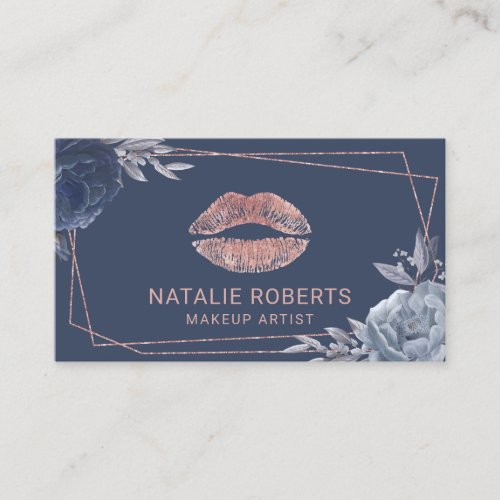 Rose Gold Lips Navy Floral Geometric Makeup Artist Business Card