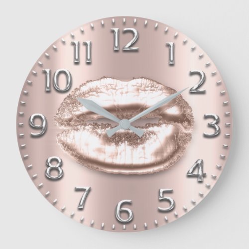 Rose Gold Lips Number Blush Silver Gray Gray Large Clock