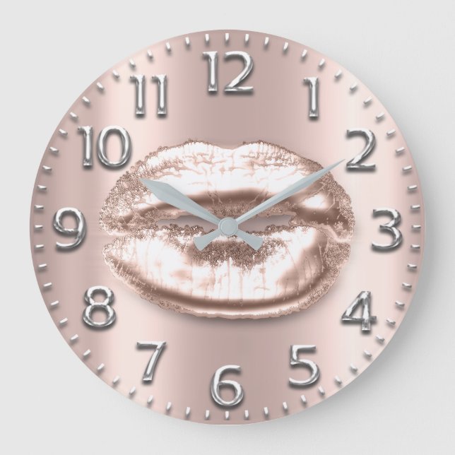 Rose Gold Lips Number Blush Silver Gray Gray Large Clock (Front)