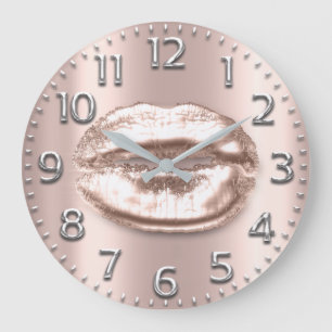 Rose Gold Lips Number Blush Silver Gray Grey Large Clock