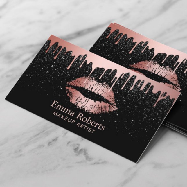 Rose Gold Lips Trendy Dripping Black Beauty Salon Business Card (Creator Uploaded)
