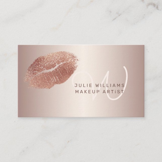 Rose Gold Lips w/ Monogram Makeup Artist Business Card (Front)