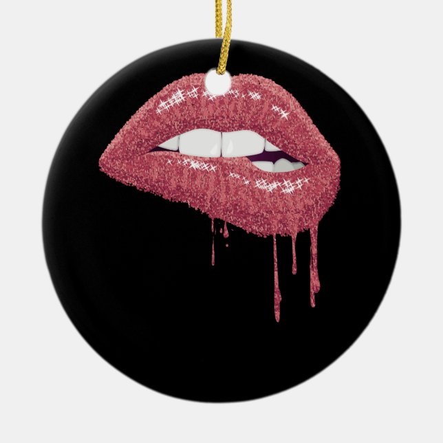Rose Gold Lipstick Kiss Hot 80s Drip Lips 1980 Ceramic Ornament (Front)