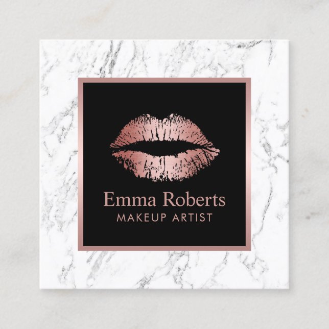 Rose Gold Lipstick Modern Marble Makeup Artist Square Business Card (Front)