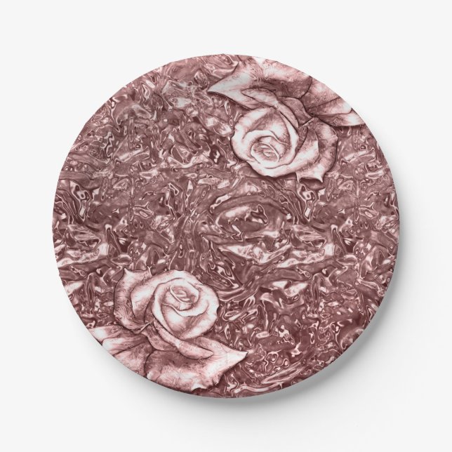 Rose Gold Liquid Chrome Metallic Chic Glam Party Paper Plates (Front)