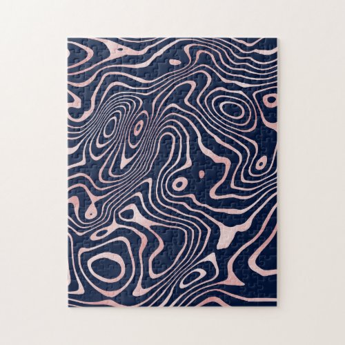 Rose Gold liquid swirl Abstract Blue Design Jigsaw Puzzle