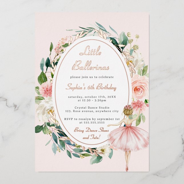 Rose Gold Little Ballerina Floral Kids Birthday  Foil Invitation (Front)