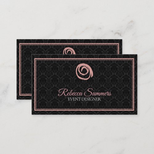 Rose Gold Logo Black Damask Business Card