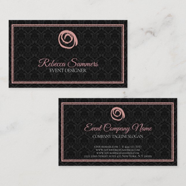 Rose Gold Logo Black Damask Business Card (Front/Back)
