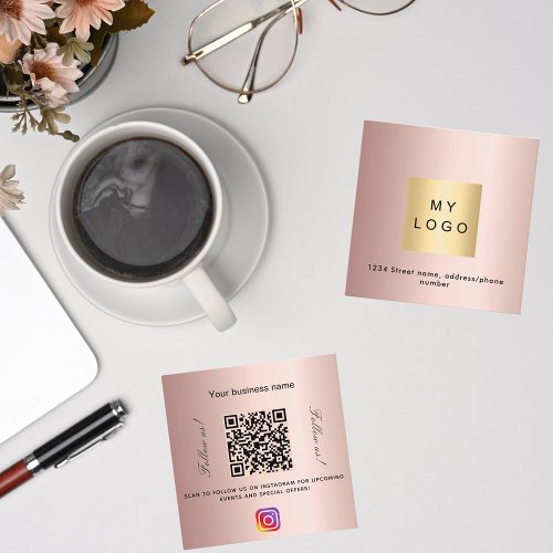 Rose gold logo QR code Instagram follow us Square Business Card