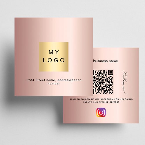 Rose gold logo QR code Instagram follow us Square Business Card