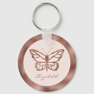 Rose Gold Look-like Butterfly On Blush Pink & Name Keychain