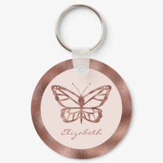 Rose Gold Look-like Butterfly On Blush Pink & Name Keychain