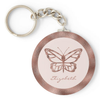 Rose Gold Look-like Butterfly On Blush Pink & Name Keychain