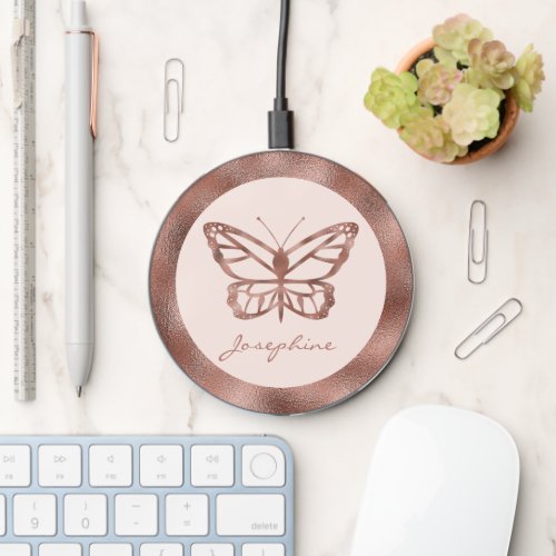 Rose Gold Look_like Butterfly On Blush Pink  Name Wireless Charger