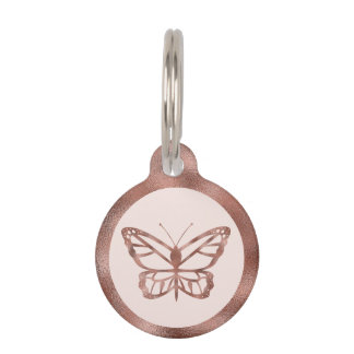 Rose Gold Look-like Butterfly On Blush Pink & Text Pet ID Tag