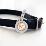 Rose Gold Look-like Monogram On Bluish Grey Pet Name Tag<br><div class="desc">This pet tag has a chic rose gold circle in the middle with a personalizable monogram. The background has a pattern of white lines on a bluish grey color. On the other side there are personalizable text fields for pet's name and for your phone number. Notice: The elements in this...</div>