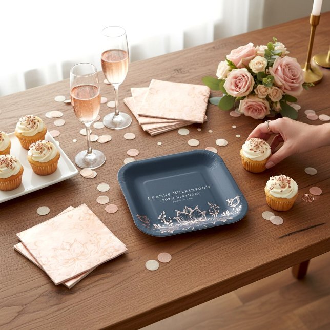 Rose Gold Lotus Botanical 30th Birthday Plates (Creator Uploaded)