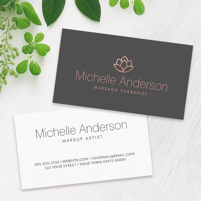 Rose gold lotus flower elegant minimalist gray spa business card (Creator Uploaded)