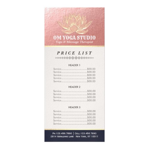 Rose Gold Lotus YOGA Reiki Instructor Price List Rack Card