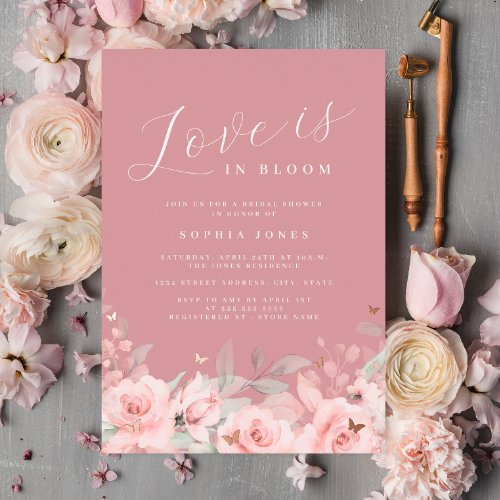 Rose Gold Love is in Bloom Blush Bridal Shower  Foil Invitation