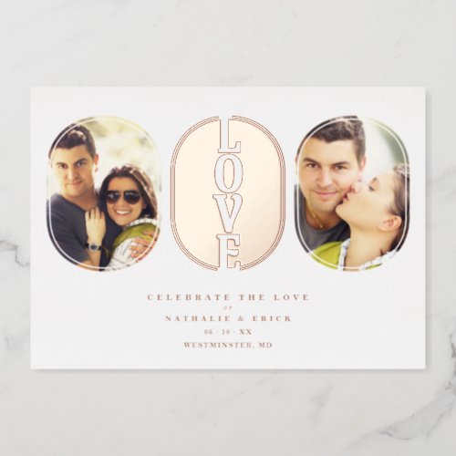 Rose Gold Love Quote Wedding 2 Photos Couple Foil Invitation