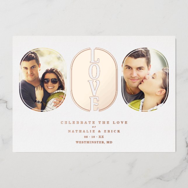 Rose Gold Love Quote Wedding 2 Photos Couple Foil Invitation (Front)