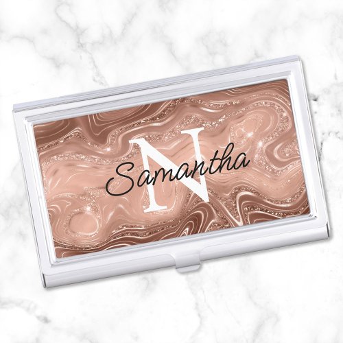 Rose Gold Luxury Agate Glam Monogram Business Card Case
