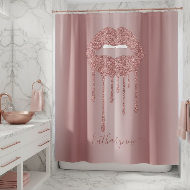 Rose Gold Luxury Glitter Dripping Lips Shower Curtain (Creator Uploaded)