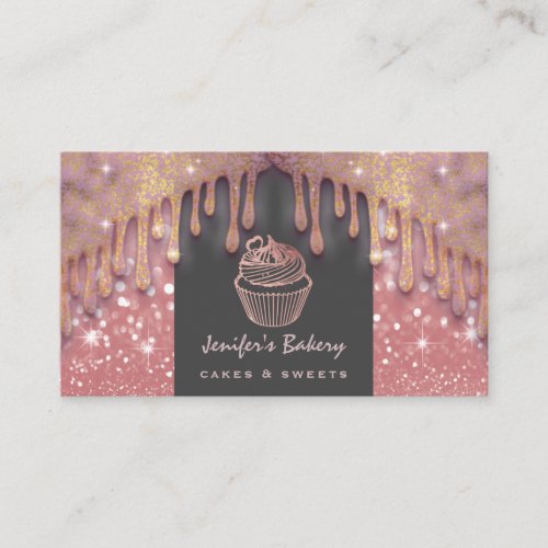 Rose gold luxury glittery drips  cupcake bakery business card