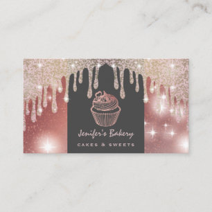 Rose gold luxury glittery drips cupcake bakery business card