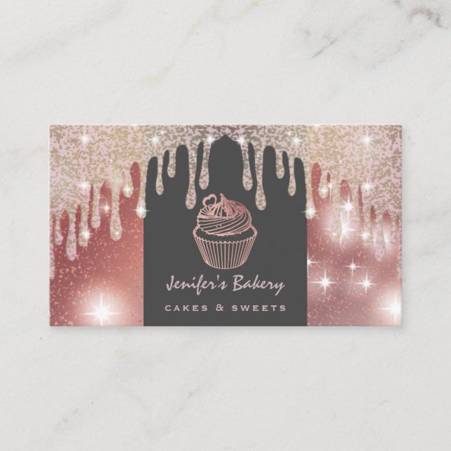Rose gold luxury glittery drips  cupcake bakery business card (Front)