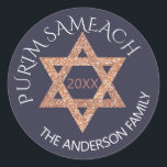 Rose Gold Magen David Custom Purim Any Holiday Classic Round Sticker<br><div class="desc">Create your own custom Purim stickers with this stylish faux rose gold glitter Magen David design or edit PURIM SAMEACH for any holiday or occasion. The rose gold Star of David is accented by an optional year in dusty mauve in the center and two crisp white text templates in mixed...</div>