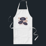Rose Gold Magen David Funny Yummy Happy Purim Long Apron<br><div class="desc">Personalize this funny yummy Happy Purim apron with your name as Head Chef and look fabulous while preparing the feast. Three faux rose gold glitter Magen David symbols are scattered among three badge style ovals in deep navy blue edged in dusky mauve and three script words in matching rosy pink...</div>