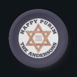 Rose Gold Magen David Star Happy Purim Party Paper Plates<br><div class="desc">Set a festive party table with these custom Happy Purim paper plates in blue and white with a faux glitter rose gold Magen Daveid star and your custom text. The deep navy blue is the background for a white center, matching dark blue text that can be personalized with your name...</div>
