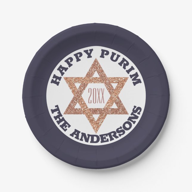Rose Gold Magen David Star Happy Purim Party Paper Plates (Front)