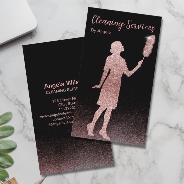 Rose Gold Maid Cleaning Services Vertical Glitter Business Card (Creator Uploaded)