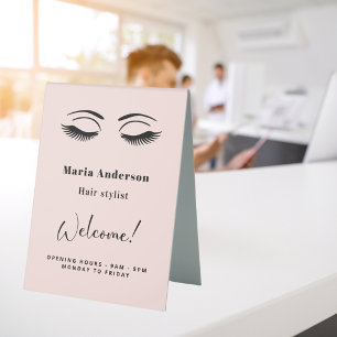 Rose gold makeup artist opening hours welcome table tent