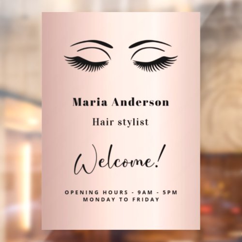 Rose gold makeup artist opening hours welcome window cling