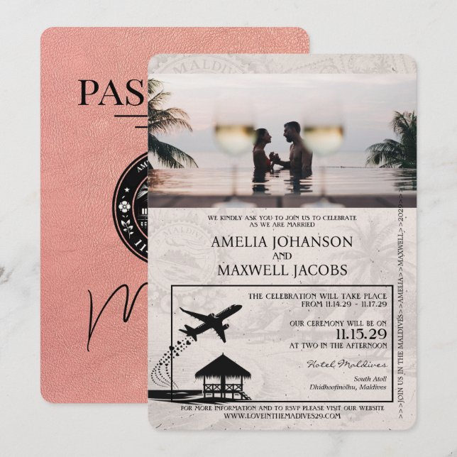 Rose Gold Maldives Passport Wedding Invitation (Front/Back)
