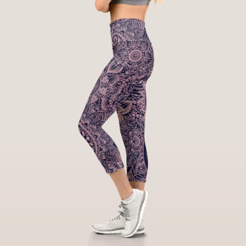 Rose Gold Mandala Collection Blue Design Capri Leggings