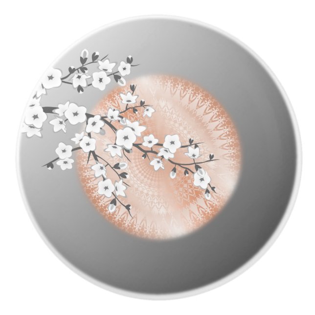Rose Gold Mandala Gray Cherry Blossom Floral Ceramic Knob (Front)