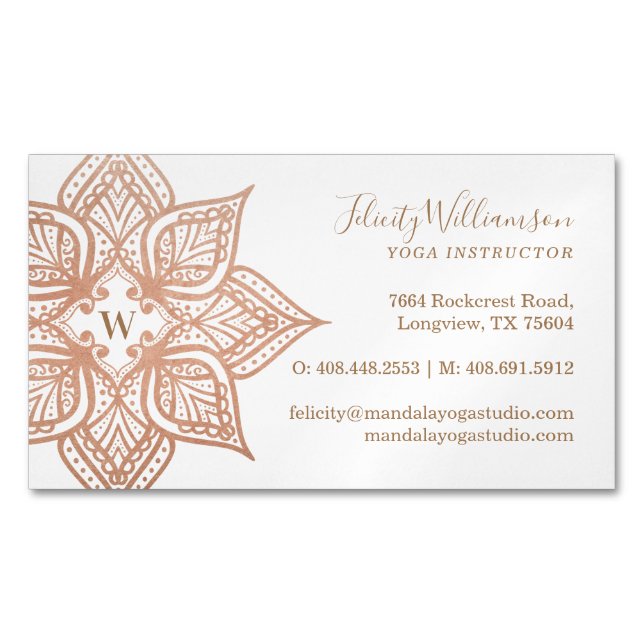 Rose Gold Mandala Lotus Flower Monogram Business Card Magnet (Front)