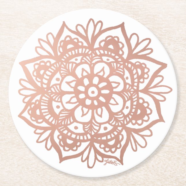 Rose Gold Mandala Round Paper Coaster (Front)