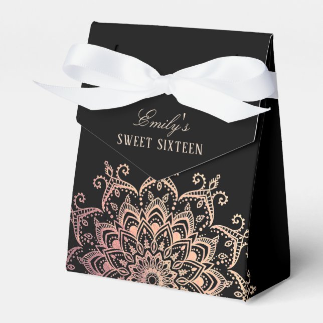 Rose Gold Mandala Sweet 16 Party Favor Boxes (Front Side)
