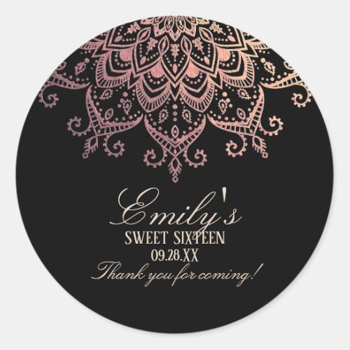 Rose Gold Mandala Sweet 16 Thank You Classic Round Sticker