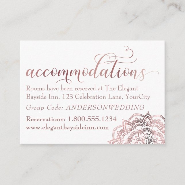 Rose Gold Mandala White Accommodations Insert Card (Front)