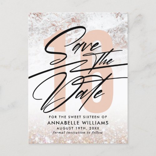 Rose Gold Marble 16th Birthday Party Save The Date Postcard